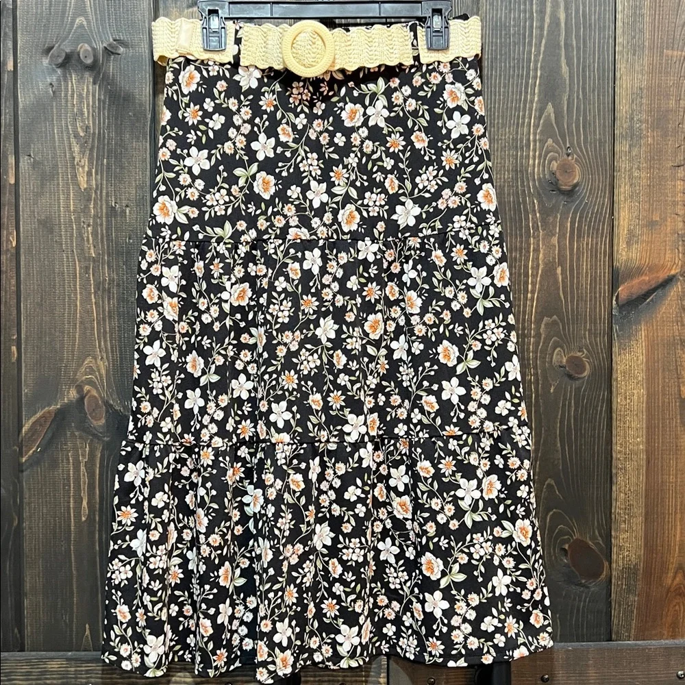 Boho Black Multi Floral Belted Midi Skirt S Tiered Chic Cottagecore Romantic EUC